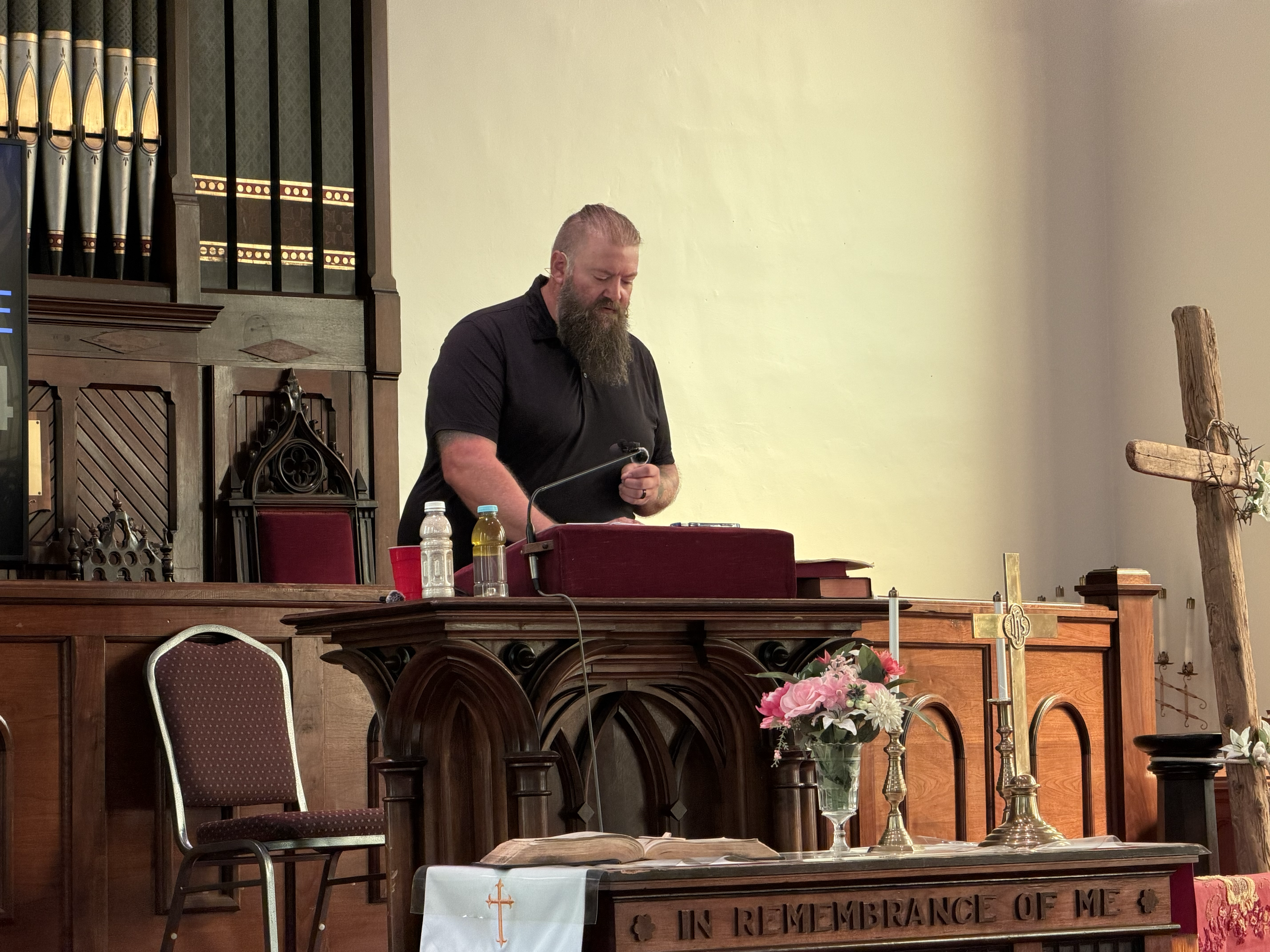 Kurt Hopper preaching in the sanctuary at Ripley First Presbyterian
